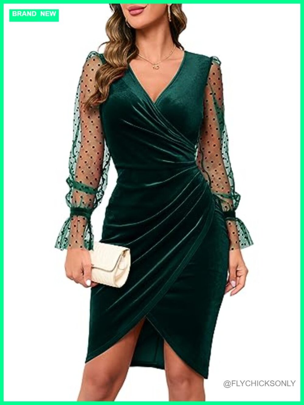 Womens Sexy V Neck Long Sheer Sleeve Velvet Faux Wrap Ruched Sheath Bodycon